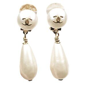 Chanel Vintage Gold Plated CC Pearl Tear Drop Dangle Clip on Earrings